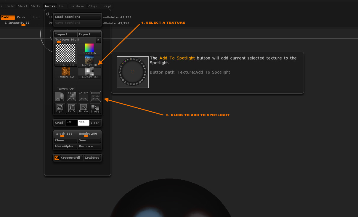 zbrush add to spotlight button missing