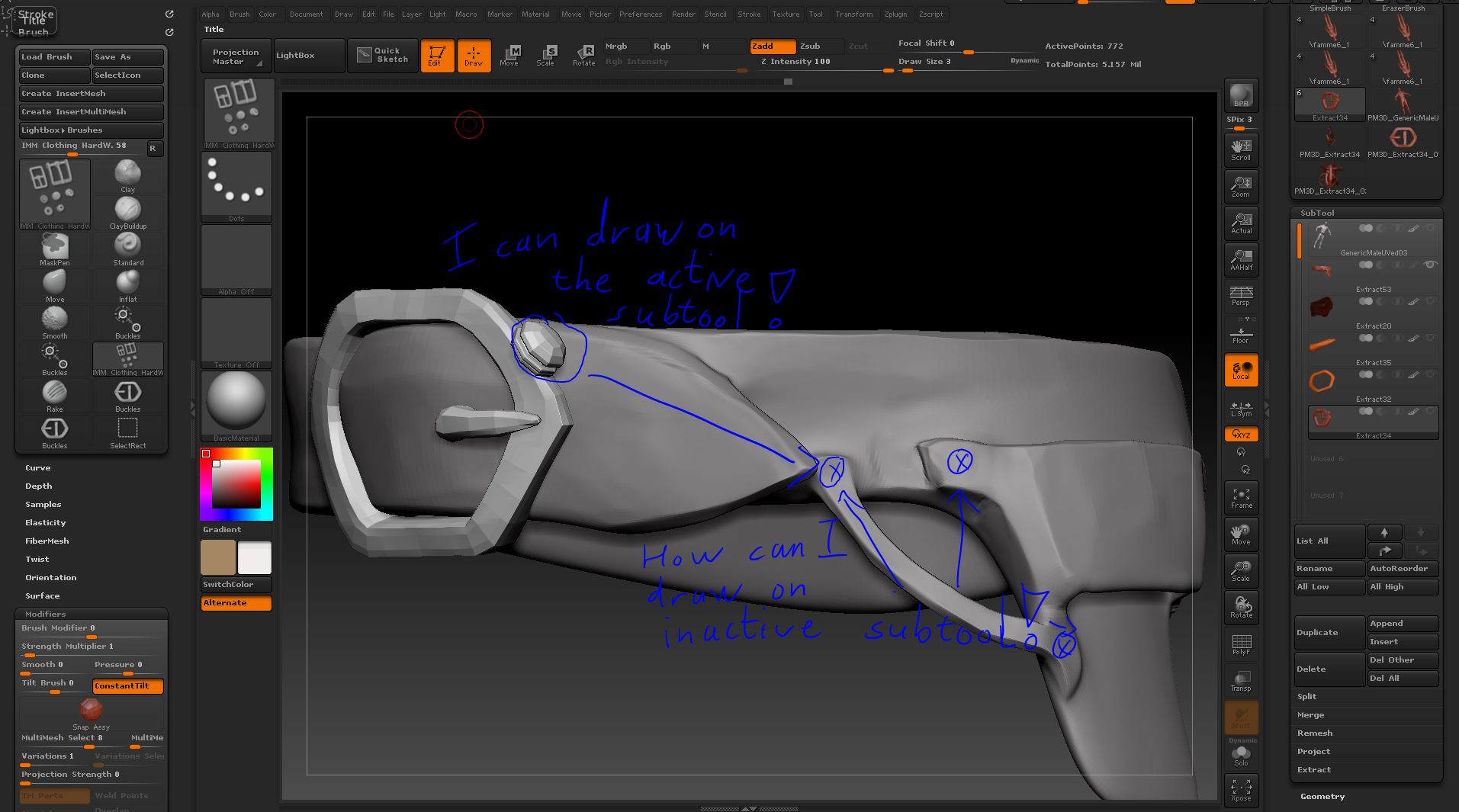 Can you draw an Insert Mesh on the surface of an inactive subtool below -  ZBrushCentral