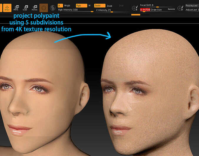 project high res polypaint to low in zbrush